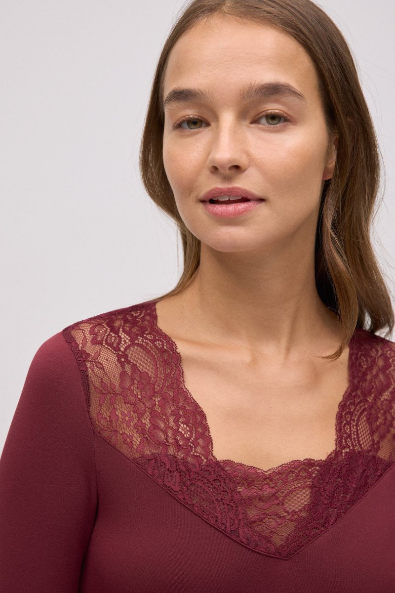 Camiseta térmica com decote em V e renda marrom - Image 4
