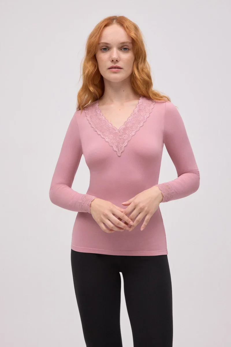 Camiseta térmica com decote em V e detalhes em renda rosa - Image 2