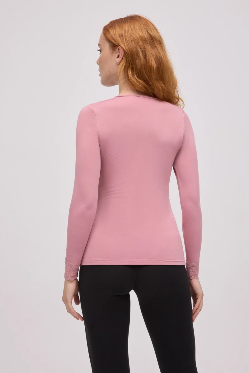 Camiseta térmica com decote em V e detalhes em renda rosa - Image 3